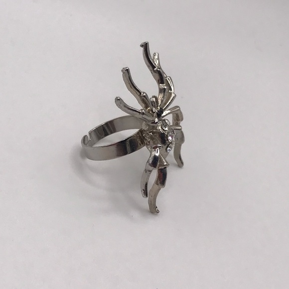 Spider Ring Adjustable Silver Tone Rhinestone Halloween Goth Jewelry - Picture 5 of 10